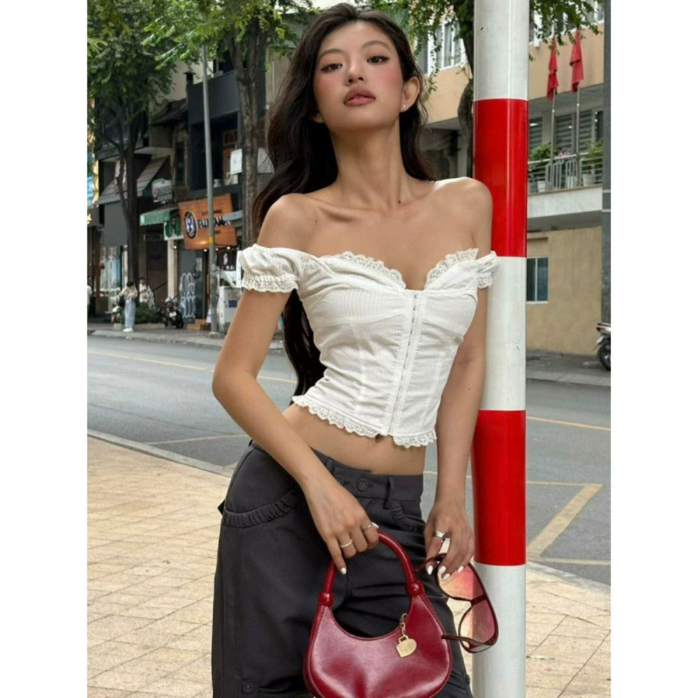 Zara Court Style Off Shoulder Puff Sleeve Ruffle Trim Slim Fit Summer Top